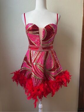 Banjul Sequin Feather Trim Romper Dress Rhinestone Waist Pink Red Gold Small